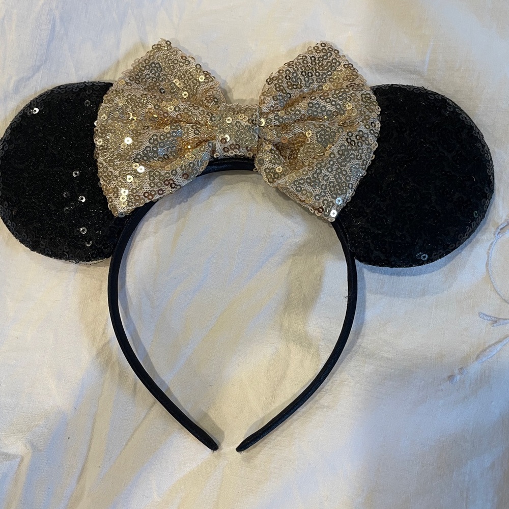 Disney Sequin Bow Black Mouse Ears With Gold Bow on  Headband